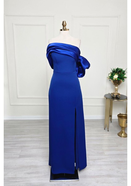 Saks Mavi Asimetrik Krep Elbise 6589