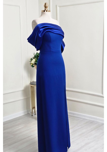 Saks Mavi Asimetrik Krep Elbise 6589