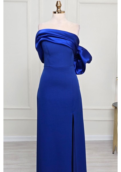 Saks Mavi Asimetrik Krep Elbise 6589