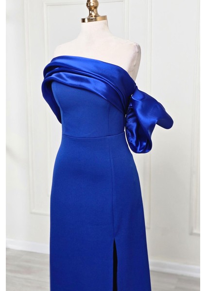 Saks Mavi Asimetrik Krep Elbise 6589