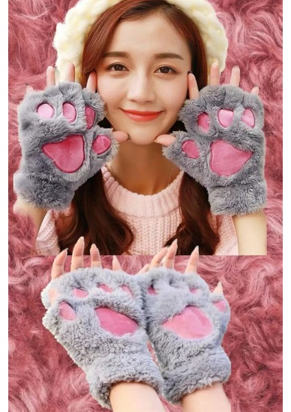 Parmaksız Patili Gri Pembe Peluş Eldiven