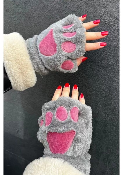 Parmaksız Patili Gri Pembe Peluş Eldiven fiyatları