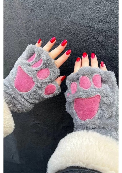 Parmaksız Patili Gri Pembe Peluş Eldiven modelleri