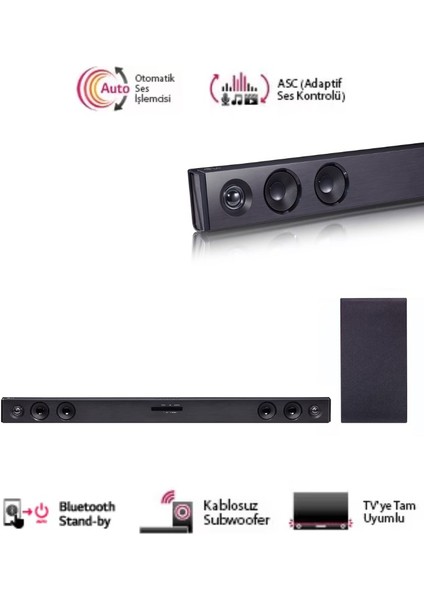Asc-Kablosuz Subwoofer Optik USB -Bluetooth Bağlantı Kablosuz Üstün Bas Sqc2.dturllk 2.1 Kanal 300W Soundbar-Optik Kablo Hediyeli