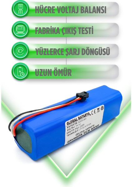 Grundig Vcr 6330 Uyumlu Akıllı Robot Süpürge Bataryası 14.4V 5200MAH Li-Ion Pil (Orijinal Kapasite)