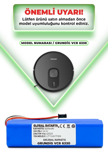 Grundig Vcr 6330 Uyumlu Akıllı Robot Süpürge Bataryası 14.4V 5200MAH Li-Ion Pil (Orijinal Kapasite)