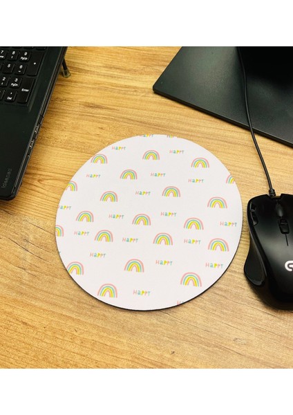 Happy Gökkuşağı Tasarımlı Oval Mouse Pad