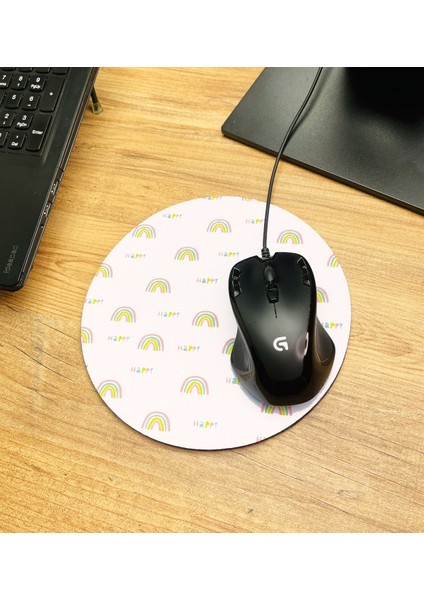 Happy Gökkuşağı Tasarımlı Oval Mouse Pad