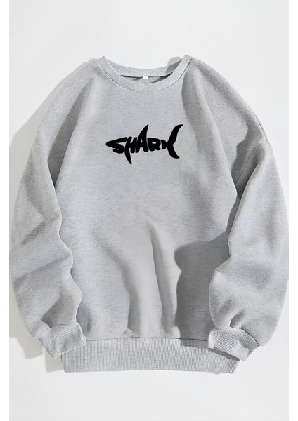 Shark Baskılı Sweatshirt Geniş Kalıp Ribanalı Sıfır Yaka