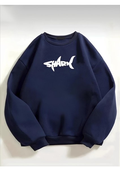 Shark Baskılı Sweatshirt Geniş Kalıp Ribanalı Sıfır Yaka