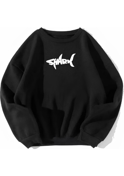 Shark Baskılı Sweatshirt Geniş Kalıp Ribanalı Sıfır Yaka