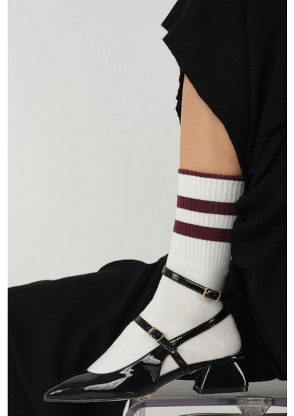 Lastik Örgülü Soket Çorap Beyaz-Bordo fiyatları