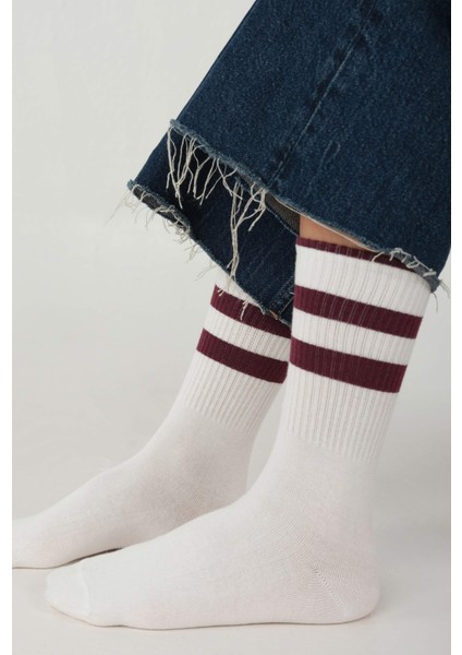 Lastik Örgülü Soket Çorap Beyaz-Bordo modelleri