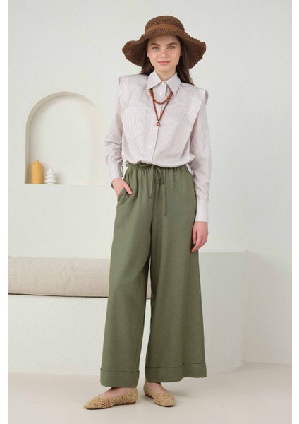 Keten Bol Paça Pantolon Küf Yeşili