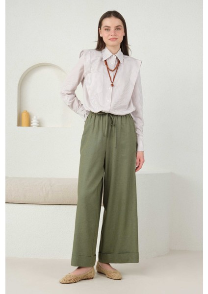 Keten Bol Paça Pantolon Küf Yeşili