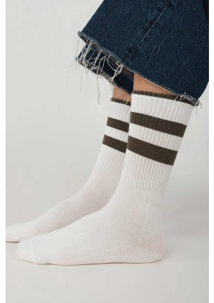 Lastik Örgülü Soket Çorap Beyaz-Haki