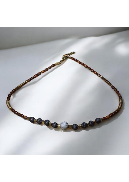 Siyah Lav Taşı, Ahşap ve Metal Boncuklu Kolye