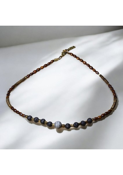 Siyah Lav Taşı, Ahşap ve Metal Boncuklu Kolye modelleri