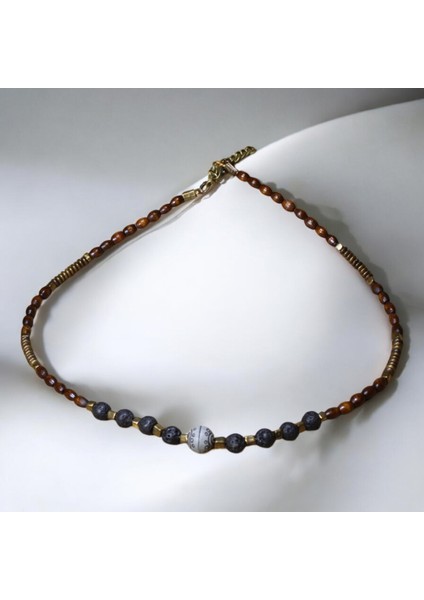 Siyah Lav Taşı, Ahşap ve Metal Boncuklu Kolye fırsatları