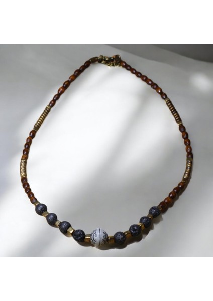 Siyah Lav Taşı, Ahşap ve Metal Boncuklu Kolye indirimleri