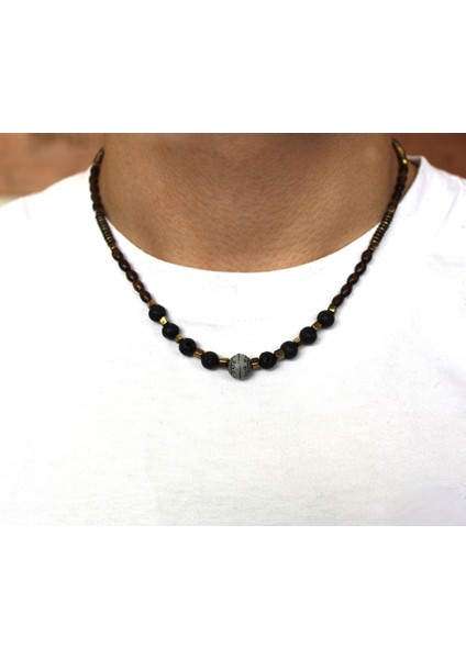 Siyah Lav Taşı, Ahşap ve Metal Boncuklu Kolye fiyatları