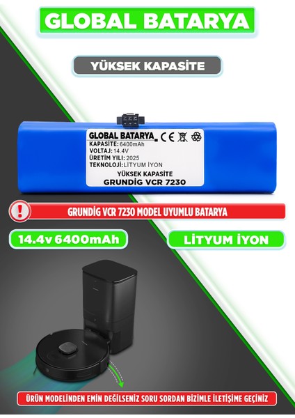 Grundig Vcr 7230 Uyumlu Akıllı Robot Süpürge Bataryası 14.4V 6400MAH Li-Ion Pil (Yüksek Kapasite)