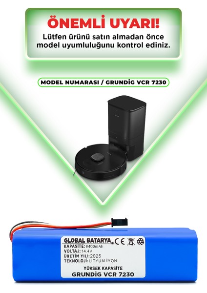 Grundig Vcr 7230 Uyumlu Akıllı Robot Süpürge Bataryası 14.4V 6400MAH Li-Ion Pil (Yüksek Kapasite)