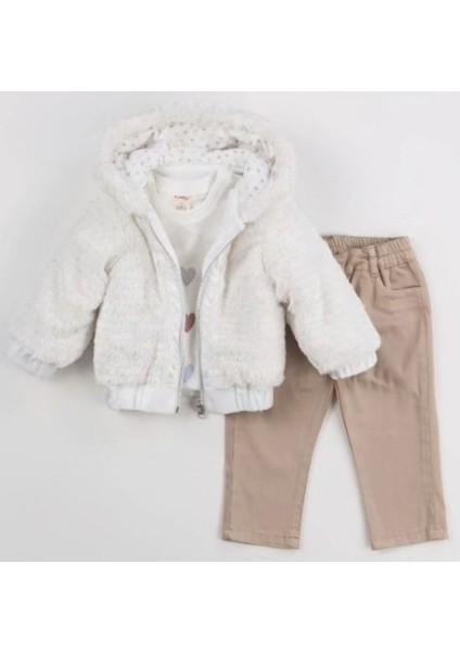 Kız Bebek-Çocuk Kapüşonlu Peluş Hırka Mont Iç Badili Gabardin Kumaş Pantolon Üçlü Takım