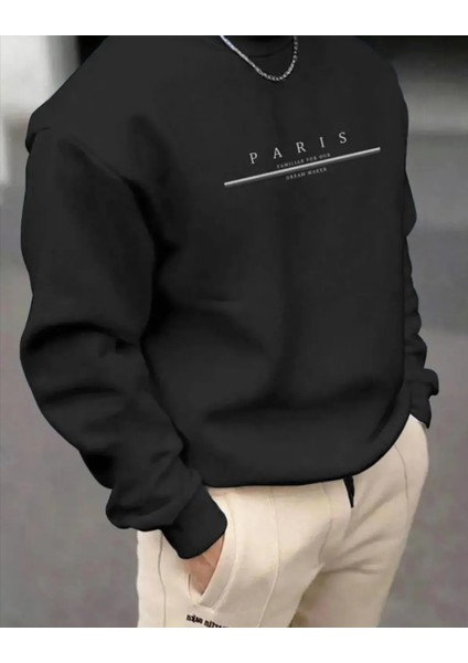 Erkek Paris Baskılı Bisiklet Yaka Sweatshirt
