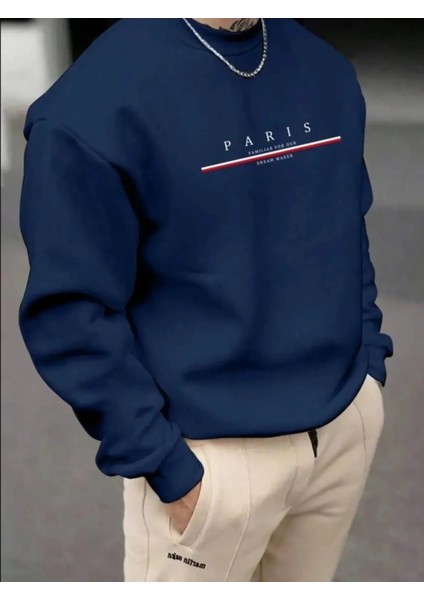 Erkek Paris Baskılı Bisiklet Yaka Sweatshirt