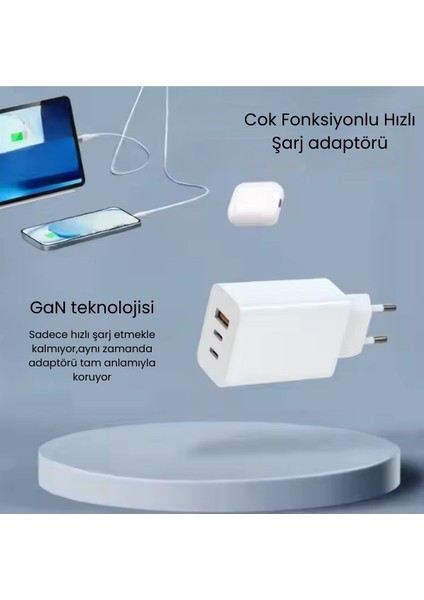 2 Type - C + USB Giriş Şarj Adaptörü 65W Hızlı Şarz Iphone Xiaomi Huawei Samsung Oppo Uyumlu