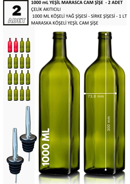 2 Ad X 1000 Ml Yeşil Marasca Cam Şişe + Çelik Akıtıcılı Yağ Şişesi - Sirke Şişesi - Yağdanlık -Sosluk