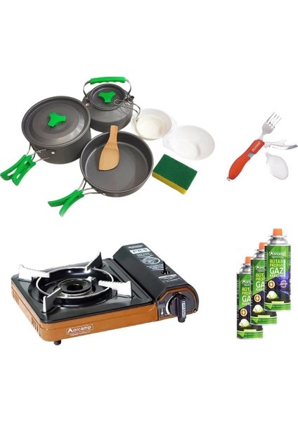 Tekli Portatif Ocak Turuncu+3 Parça Tencere Seti+Çatal Kaşık Bıçak Kırmızı+3 Adet Kartuş ORC-012-F1