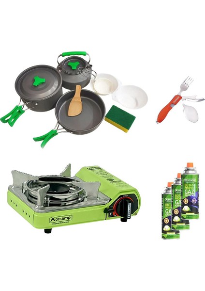 Tekli Mini Portatif Ocak Yeşil+3 Parça Tencere Seti+Çatal Kaşık Bıçak Kırmızı+3 Adet Kartuş ORC-015-F1