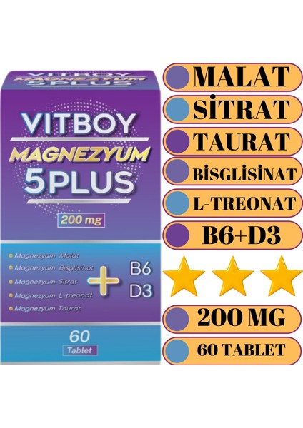 Magnezyum 5 Plus 60 Tablet 200 mg Malat-Bisglisinat-Sitrat-L-Treonat-Taurat-B6-D3
