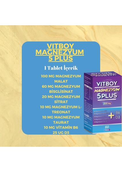 Magnezyum 5 Plus 60 Tablet 200 mg Malat-Bisglisinat-Sitrat-L-Treonat-Taurat-B6-D3
