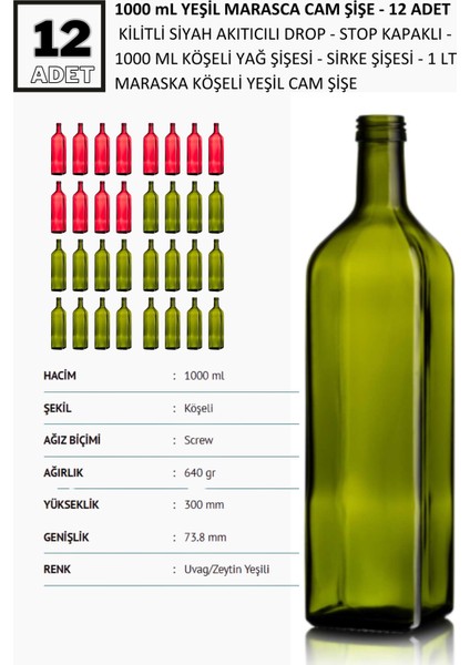 12 adet x 1000 ml Yeşil Maraska Yağdanlık,Sosluk, Sirkelik -Drop Kapaklı Köşeli Cam Şişe