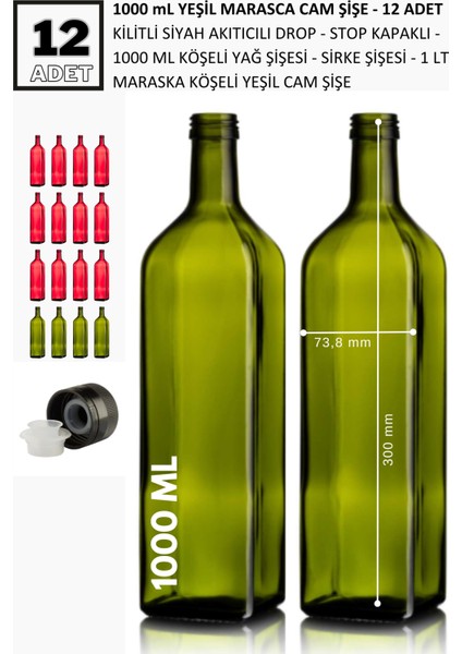 12 adet x 1000 ml Yeşil Maraska Yağdanlık,Sosluk, Sirkelik -Drop Kapaklı Köşeli Cam Şişe