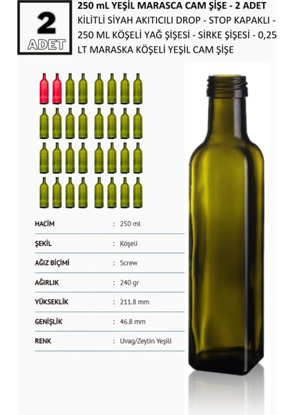 2 Adet X 250 ml Yeşil Maraska Cam Şişe, Drop Kapaklı Cam Yağdanlik, Sosluk, Sirke Şişesi fiyatları