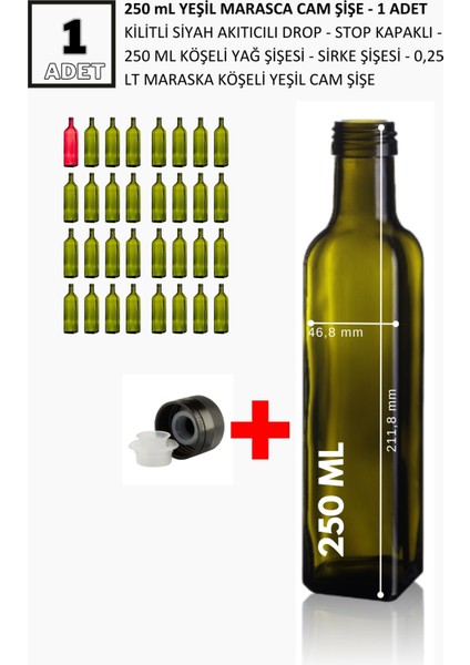 1 Adet x 250 ml Yeşil Maraska Cam Şişe Kilitli Siyah Akıtıcılı Drop - Stop Kapaklı - 250 ml Köşeli Yağ Şişesi - Sirke Şişesi