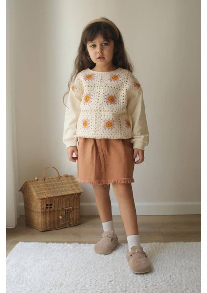 Örme Detaylı Sweat Gabardin Püsküllü Etek Kız çocuk takım - Kahverengi