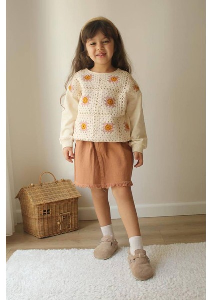 Örme Detaylı Sweat Gabardin Püsküllü Etek Kız çocuk takım - Kahverengi fiyatları