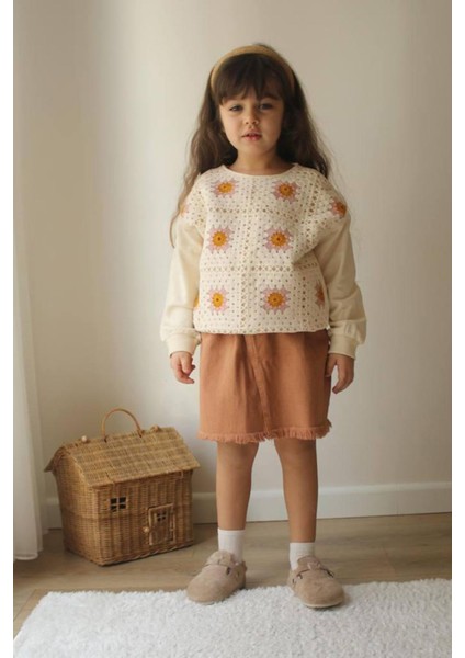 Örme Detaylı Sweat Gabardin Püsküllü Etek Kız çocuk takım - Kahverengi modelleri