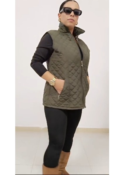 Büyük Beden Içi Astarlı Yan Cepli Fermuar ve Çıtçıt Kapamalı Kapitone Kadın Yelek modelleri