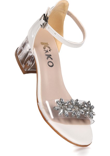 Yangu Rugan Taşlı Kız Çocuk 3 Cm Şeffaf Topuklu Sandalet Abiye Ayakkabı