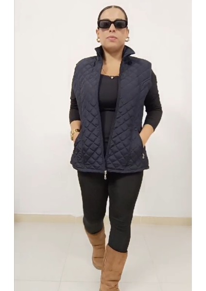 Büyük Beden Içi Astarlı Yan Cepli Fermuar ve Çıtçıt Kapamalı Kapitone Kadın Yelek