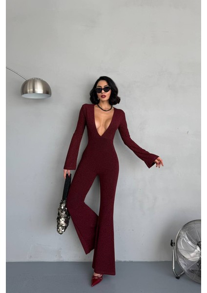 Kadın Bordo Dekolteli Novel Sim Maxi Tulum NBDF118 fırsatları