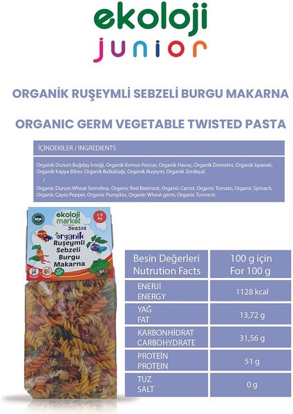 Organik Ruşeymli Sebzeli Burgu Makarna 250GR12PAKET Organic Wheat Vegetable Twisted PASTA250GR12PACK