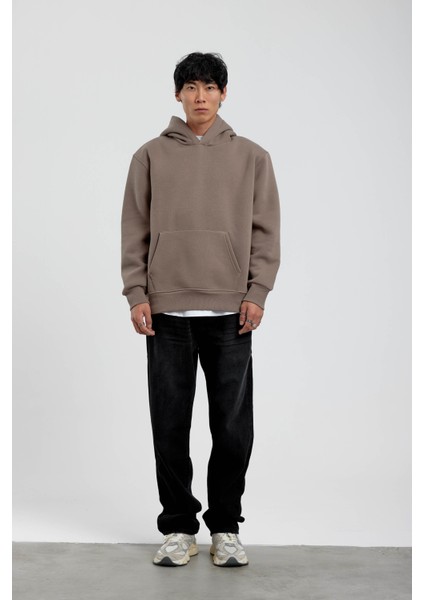 Vizon Kapüşonlu Basic Şardonlu Sweatshirt