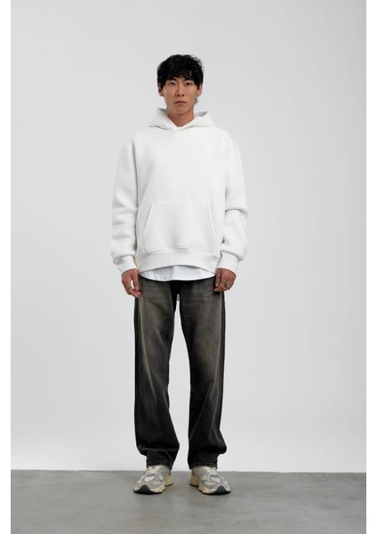 Beyaz Kapüşonlu Basic Şardonlu Sweatshirt